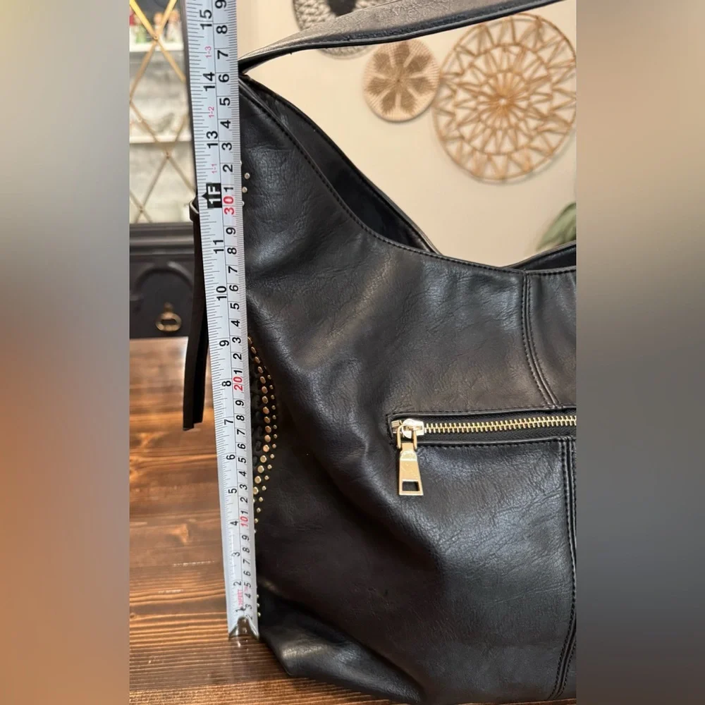Moda‎ Luxe Large Black Studded Vegan Leather Hobo Bag with Whipstitch Trim